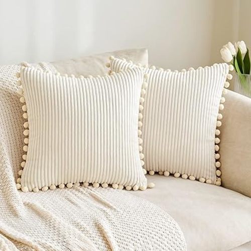 MIULEE Boho Decorative Cream White Throw Pillow Covers with Pom-poms, Soft Corduroy Square Solid Lumbar Cushion Cases for Couch Sofa Bedroom, 18x18 inch