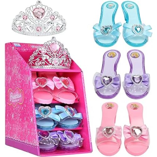 Girls Play Set! Princess Dress Up Shoes and Tiara (3 Pairs of Shoes + 1 Tiara) Role Play Collection Fashion Princess Shoe for Little Girls