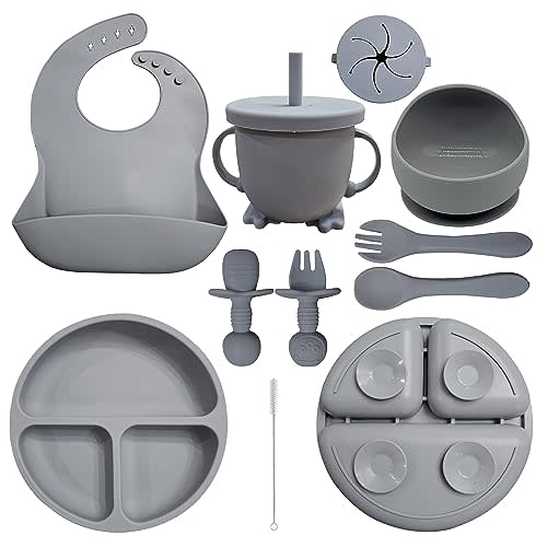 HippoBaby Baby Led Weaning Supplies | 10 Piece Silicone Feeding Set | Baby Toddler Bib Cup Divided Plate and Bowl Self Feeding Spoons Dish Set | Baby Utensils | Toddler Feeding Supplies (Gray)