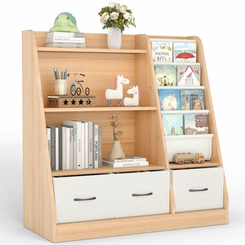 SUGIFT Kids Bookshelf Cube Organizer Shelf and Toy Storage with Fabric Bins Front-Facing Book Rack Wooden Organizer for Playroom Nursery