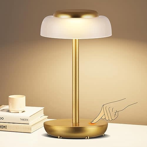 QiMH Battery Operated LED Table Lamp, 5000mAh Cordless Desk Lamp with 3 Level Brightness Touch Control, Mini Rechargeable Night Light for Living Room, Bedroom, Outdoor bar (Gold)
