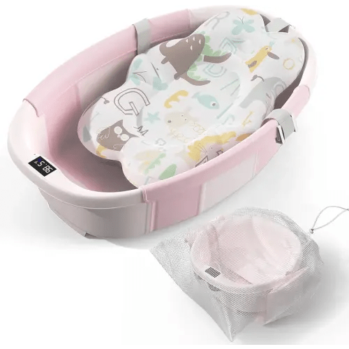 Collapsible Baby Bathtub - Large Baby Bath Tub with Thermometer & Cushion | Travel Portable Newborn Infant Bathtub | Foldable Toddler Bathtub for Baby 0 to 36 Months (Pink)