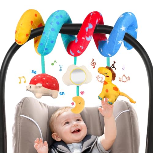 URMYWO Spiral Car Seat Toys for Babies 0-6 Months, Newborn Toys & Infant Toys, 3 Month Baby Toys, Toddler Travel Toys, Sensory Hanging Stroller Toy with Crinkle Mirror, Shower Gifts Essentials
