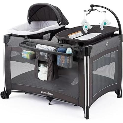 Pamo Babe 4 in 1 Portable Baby Crib Deluxe Nursery Center, Foldable Travel Playard with Bassinet, Mattress, Changing Table for Newborn, Infant, Toddler(Grey)