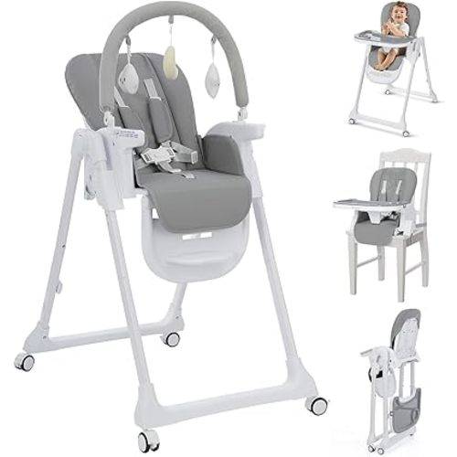 Ezebaby Foldable Baby High Chair, 3-in-1 Convertible High Chairs to Booster Seat, Portable High Chair with Adjustable Height and Recline, Removable Tray & Toy Bar