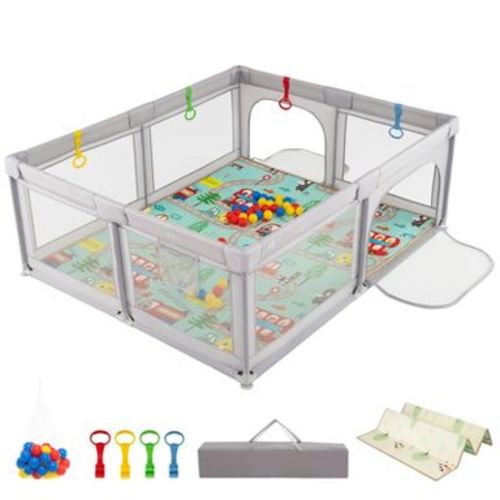 Infans Large Baby Playpen with Mat Baby Play Yard w/ Pull Rings & Ocean Balls Play Area