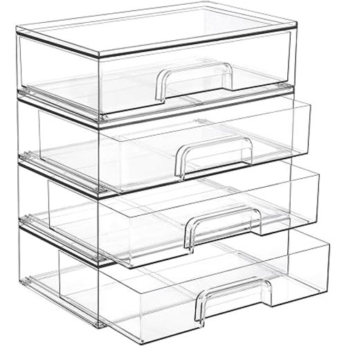 Vtopmart 4 Pack Stackable Clear Plastic Drawer Organizer, Makeup Organizers and Storage for Eyeshadow Palettes, Cosmetics, Beauty Supplies, Ideal for Vanity, Desk, Office, Bathroom Organization