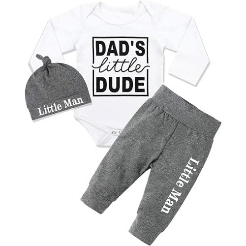 Fommy Newborn Baby Boy Clothes New to The Crew Letter Print Romper+ Pants+Hat 3PCS Outfit
