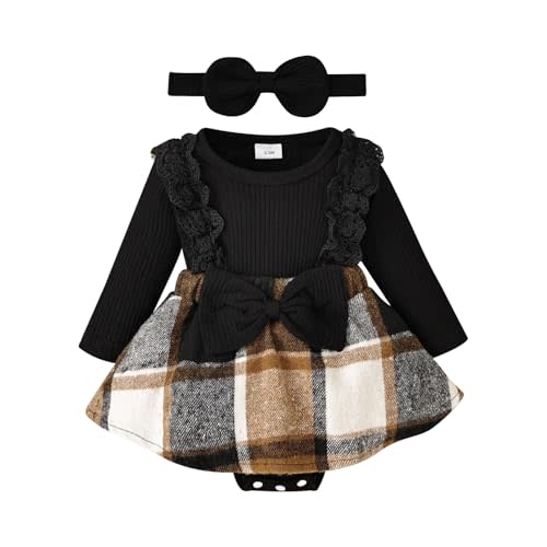 KAFIREN Baby Girl Clothes Fall Winter Outfit Plaid Romper Long Sleeve Dress Lace Ruffles Bodysuit with Bow Headband