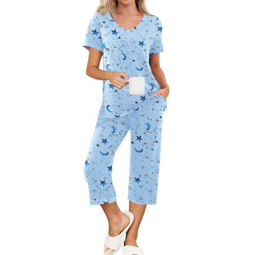 MINTREUS Womens Pajamas Short Sleeve Sleepwear Tops and Capri Pants Pjs Print Pajama Sets