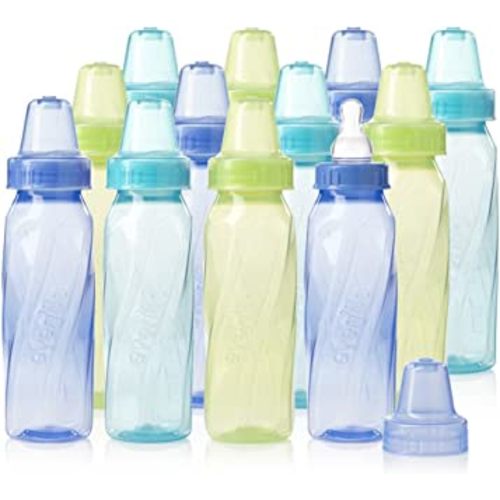 Evenflo Feeding Classic Tinted Plastic Standard Neck Bottles for Baby, Infant and Newborn - Teal/Green/Blue, 8 Ounce (Pack of 12)