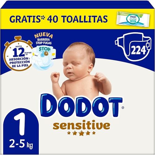 Dodot Sensitive Size 1, 224 Nappies for Baby, 2 kg-5 kg, Up to 12 h of Anti-Leak Protection and Skin Protection : Amazon.es: Baby Products