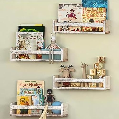 NATURE SUPPLIES Set of 4 Floating Nursery Book Shelves - Whitewashed Grey