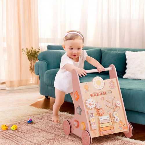 Montessori Wooden Baby Walker – Eco-Friendly Toddler Activity Cart – First Birthday Gift Idea – Push Toy for Babies Learning to Walk