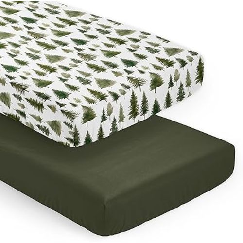 Sweet Jojo Designs Sage Green Woodland Boy Girl Gender Neutral Unisex Baby Fitted Crib Sheet Set Infant Newborn Nursery Toddler Bed Room Standard Mattress 2p Solid and Forest Pine Trees Watercolor