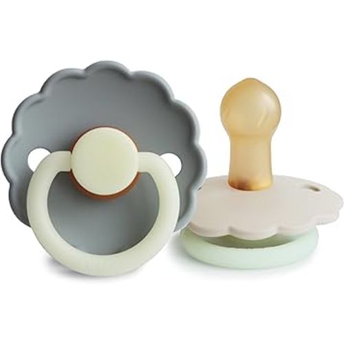 FRIGG Daisy Night Natural Rubber Baby Pacifier | Made in Denmark | BPA-Free (French Gray/Croissant, 0-6 Months) 2-Pack