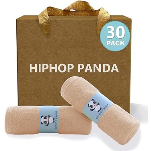 HIPHOP PANDA Baby Washcloths, Rayon Made from Bamboo - 2 Layer Ultra Soft Absorbent Newborn Bath Face Towel - Reusable Baby Wipes for Delicate Skin - Brown, 30 Pack