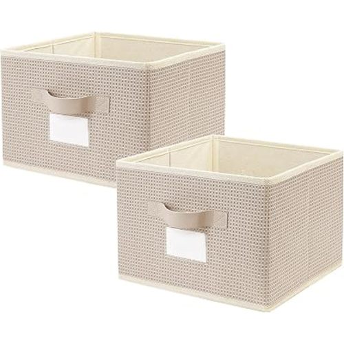 11 Inch Storage Cubes for Organizing, Sturdy Textured Fabric Storage Baskets with Leather Handles & Label Slot, Foldable Closet Shelf Organizer Bins for Clothes, Nursery & Bedroom (2, Beige)