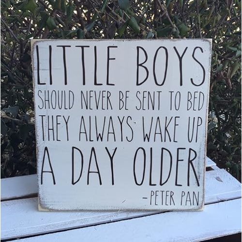 Wood Signs For Crafts Peter Pan Hand Painted Wood Sign Customizable Little Boys Should Never Be Sent To Bed They Always Wake Up A Day Older Nursery Art 8x8 Inch