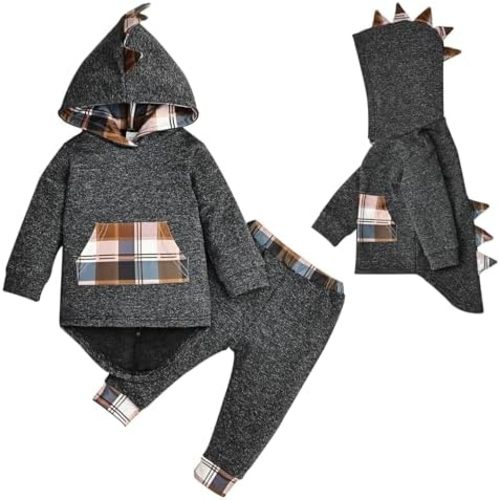 Toddler Infant Baby Boy Clothes Outfit Plaid Fall Winter Clothes Long Sleeve Hoodie Tops Sweatshirt Pants Outfit Set