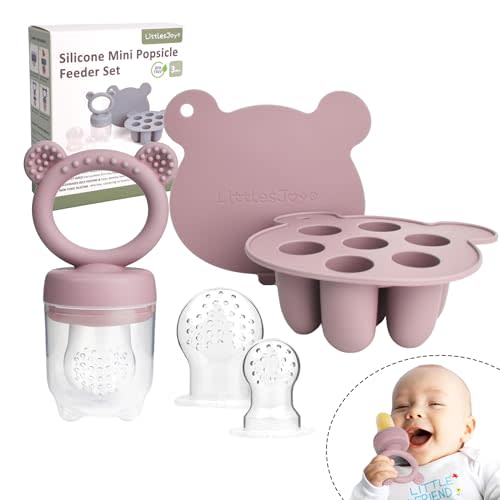 LittlesJoy Silicone Baby Fruit Feeder & Freezer Tray Set, Baby Breast Milk Popsicle Mold for purees, Baby Teething Relief for Toddler BPA Free for 3 Month+, Additional Silicone Pouches (Dusty Lilac)