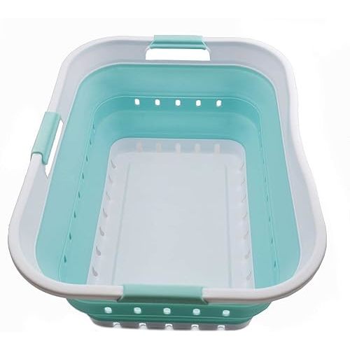 SAMMART 42L (11 gallon) Collapsible Plastic Laundry Basket - Foldable Pop Up Storage Container/Organizer - Space Saving Hamper/Basket (1, White/Lake Green)