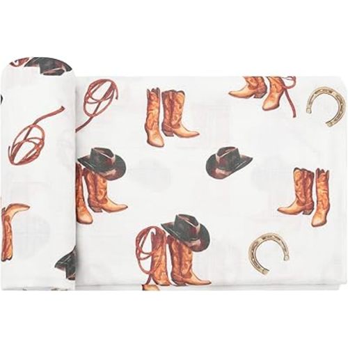 LifeTree Muslin Swaddle Blankets, Western Baby Swaddles Blankets for Boys Girls Neutral Newborn, Soft Large 47" x 47",Baby Cowboy Boot Print, 70% Viscose from Bamboo and 30% Cotton