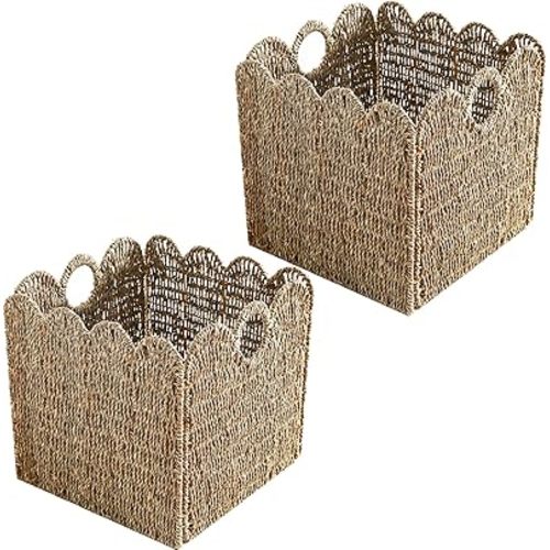 Scalloped Wicker Storage Cubes Basket, 12”x12“ Heavy Duty Paper rope/Hyacinth/Seagrass Baskets for Shelves, Foldable Natural Boho Square Bins (Seagrass, 12 x 12 x 12in, 2-Pack)