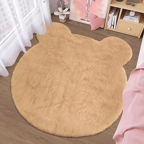 Bear Shaped Area Rug 4 x 4 Feet Cute Rugs for Bedroom Aesthetic Soft Fluffy Faux Rabbit Fur Rug Fuzzy Carpet for Nursery Kids Teen Girls Room Home Decor