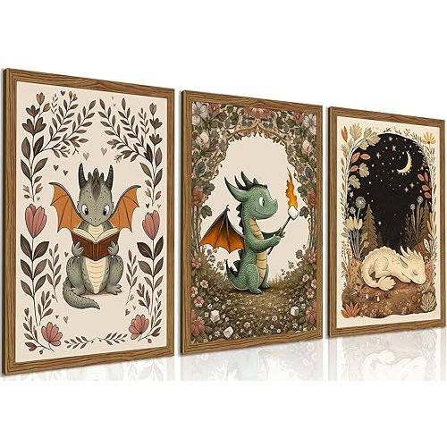 Vintage Dragon Nursery Wall Art Set of 3 Framed 12x16 Inch Canvas Prints, Whimsical Baby Dragon Fantasy Woodland Decor for Boys Girls Bedroom, Storybook Fairytale Kids Room Wall Decor