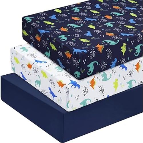PHF 3 Pack Soft Dinosaur Crib Sheets Fitted, Silky Comfy Breathable Polyester Baby Sheets for Boys Girls, 28x52 Inches Fits Standard Crib and Toddler Mattresses, Navy Dinosaur