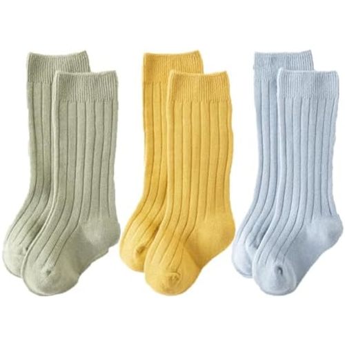 3 Pairs Baby Boys Girls Knee High Socks Ribbed Long Stockings Infant Toddler Cotton Socks