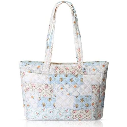 Women Blue Floral/Pink Bow Tote Bag Lightweight Puffy Tote Bag with Zipper Quilted Shoulder Handbag for Travel Work