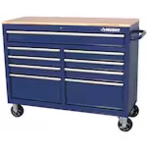 Husky Standard-Duty 46 inch W 9-Drawer Mobile Workbench with Solid Wood Top in Gloss Blue | The Home Depot Canada