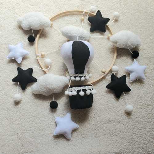 Monochrome Hot Air Balloon Baby Mobile, Felt Stars and Clouds