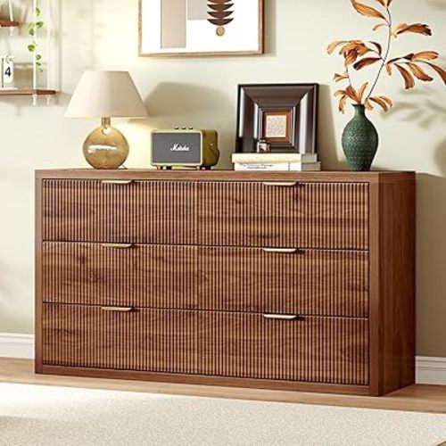 Ieejdn 55.12" Modern Chest of Drawer, 6 Deep Drawers,Clothes Organizer,Large Storage Cabinet for Living Room, Bedroom,Dresser TV Stand, Wood Drawer Organizer for Living Room, Hallway, ​​Saddle