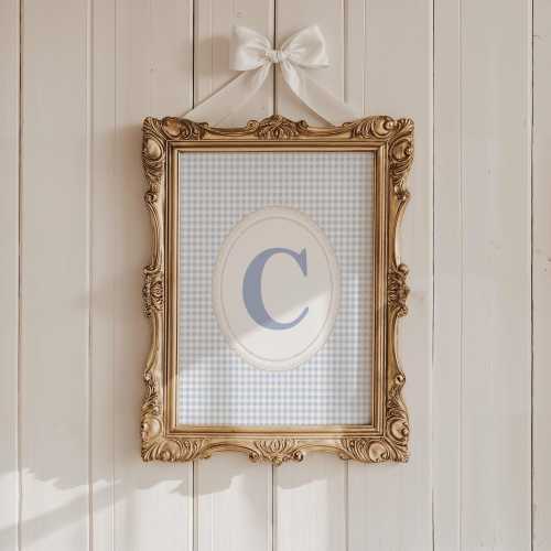 Initial C Wall Art, Blue Gingham Name Initial Wall Art, Monogram Print, Vintage C Initial Wall Art, Boy Nursery Initial letter, Baby Gift