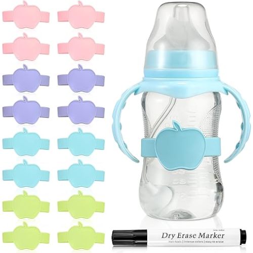 Fuutreo 16 Pcs Baby Bottle Labels for Daycare Labels Reusable Waterproof Silicone Name Bands Writable Baby Bottle Name Tags Essentials with Dry Erase Marker(Cute Color)