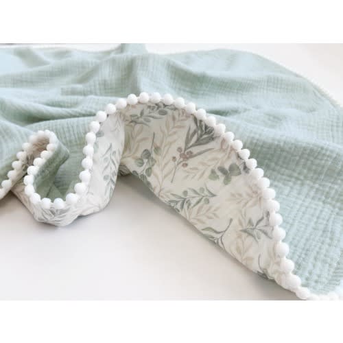 Super Soft Organic Muslin Baby Blanket – Embroidered Name Muslin Blanket, Eucalyptus Design, Stroller Blanket, Lightweight Summer Blanket
