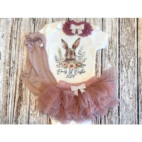 My First Easter Baby Girl Outfit Personalized Floral Easter, Spring Bunny Baby Bodysuit 1st Easter Set Outfit Opt Tutu Bloomer Headband
