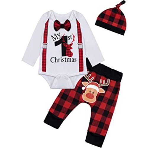 Baby Boy My First Christmas Outfit Set Xmas Bowtie Strap Romper Deer Plaid Pants with Hat
