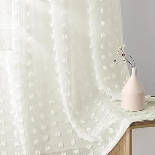 Guken Sheer Curtains 84 Inch Length 2 Panels Sets for Living Room Bedroom 38 Inch Width Farmhouse Boho Drapes Light Filtering Pom Pom Curtains Tufted Semi Sheer Kids Rod Pocket,Cream,W38xL84