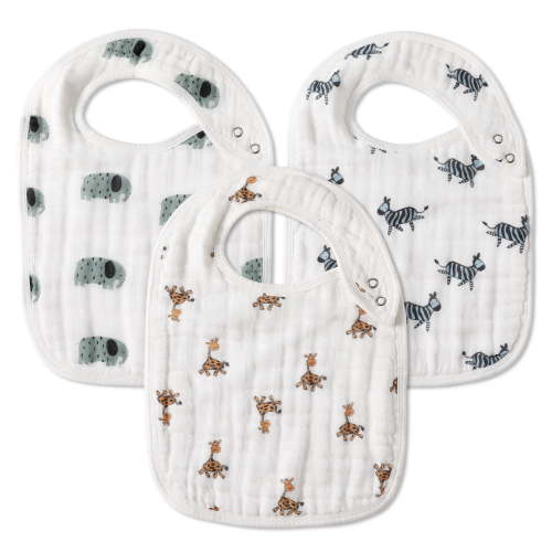 Gllquen Baby Snap Muslin Bibs for Boys & Girls, 3-Pack Baby Bibs for Infants, Newborns and Toddlers, 100% Cotton Muslin Absorbent & Soft Layers, Adjustable Snaps, Animal Party