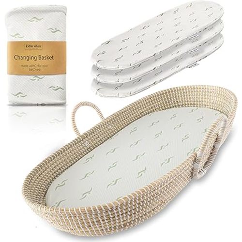 Seagrass Baby Changing Basket Set w/Soft Basket Cover, Comfy Pad & 3 Waterproof Bamboo Jacquard Covers - Organic Handwoven Moses Basket for Babies CPSC Compliant - Boho Changing Basket for Dresser