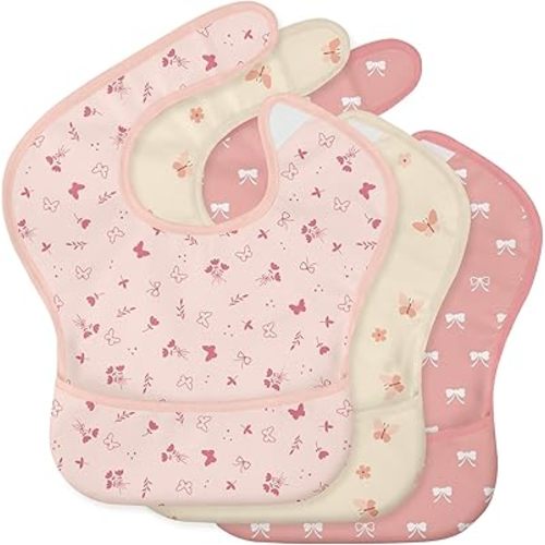 3-Pack Baby Feeding Bibs | Waterproof Stain-Resistant 3D Food Catcher, Soft Lightweight Design for Baby-Led Weaning, Infants & Toddlers 3-24 Months Pink Butterflies