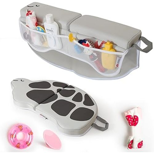 Comfortable Bath Kneeler and Elbow Rest Pad Set for Baby Bathing – 22'' Extra Long, 1.5'' Thick, Foldable, Non-Slip, with Toy Organizer Pockets, Quick Drying – Grey (Turtle Shape)