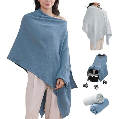 2-Pack Nursing Covers for Breastfeeding, 100% Organic Cotton Muslin Breastfeeding Cover, Multi-Use Nursing Scarf, Car Seat Canopy, Stroller Cover, Soft Breathable Baby Blanket Grey