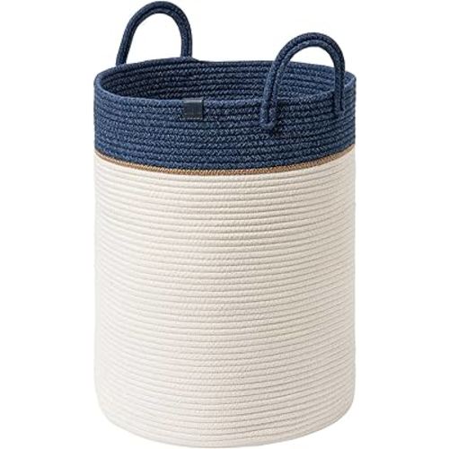 LA JOLIE MUSE Woven Basket Rope Storage Baskets - Large Cotton Organizer, Basket for Baby Blanket, Kids Toy Nursery Laundry Basket Navy Blue L