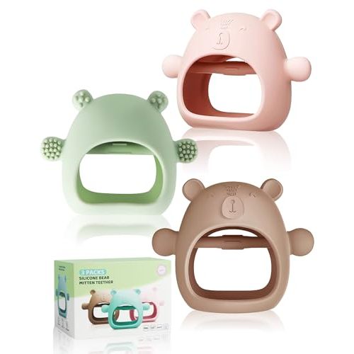 Baby Teething Toy for 0-6 Months,3 Packs Baby teether,Food Grade Silicone Bear Teething Mittens for Sucking Needs Sensory Exploration, BPA Free