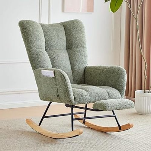 Phore Nursery Rocking Chair Teddy Upholstered Glider Rocker with High Backrest Armchair Comfy Side Modern Rocking Accent Chairs for Living Room, Nursery, Bedroom,（LargeLight Green）